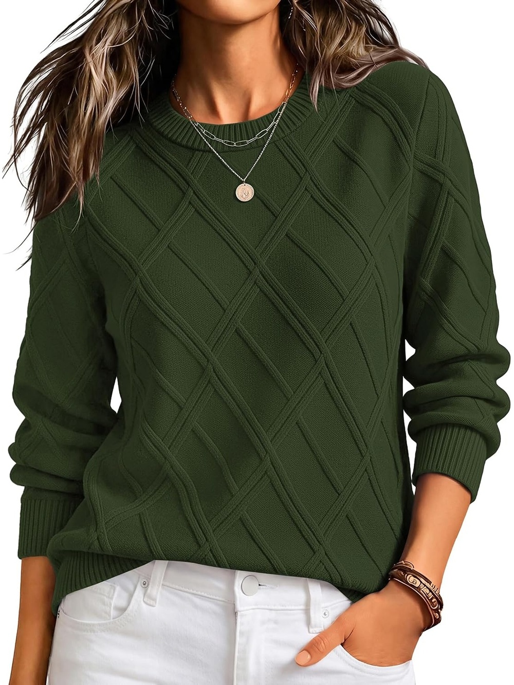 🆕 Women's Army Green Long Sleeve Cable Knit Crewneck Cozy Pullover Sweater